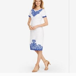 Talbots White and Blue Embroidered Fabric